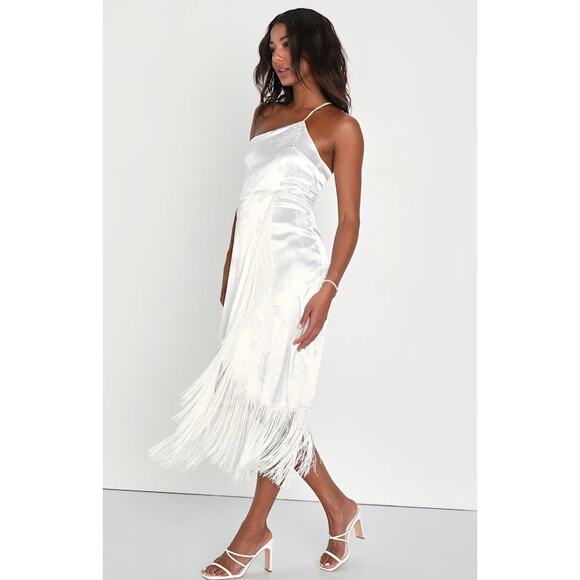 Lulus On the Dancefloor White Jacquard Fringe One-Shoulder Midi Dress - Picture 2 of 8